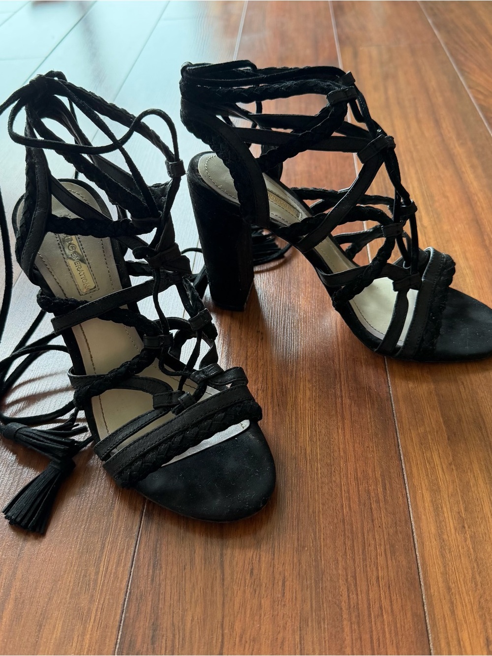BCBGeneration Black Braided Lace-Up Block Heel Sandals